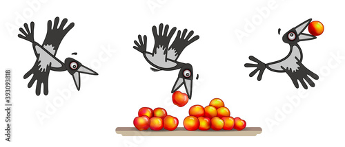 Three crows grabbing apples, oranges. A storyboard for inspiration for active purchasing fresh new delivery of goods. Playful humorous funny set. Cartoon collection of stickers, prints, games or ads