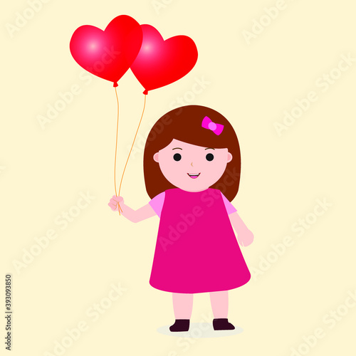 Little Girl Holding Heart Love Balloon Vector.