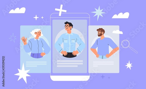 Concept of successful team management, leadership, teambuilding for ui, ux, web design, banner, presentation or application. People on smartphone screen talking, having conversation, online meeting.