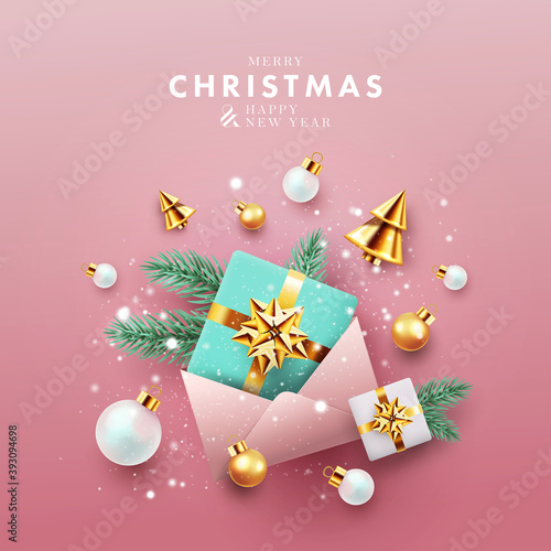 Xmas modern design in 3d realistic style with open mail envelope  gift boxes  pine branches  golden conical Christmas trees  balls on pink background with falling snow. Holiday card  poster  banner