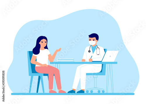 Consultation of woman patient in clinic medical office. Medical advice, doctor supervision. Prevention and treatment to maintain health. Vector illustration © Iuliia