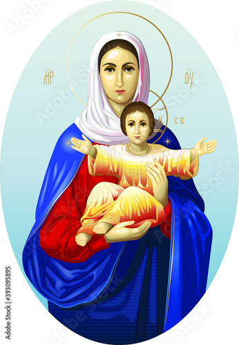 The Blessed Virgin Leushinskaya. Inscriptions in Early Cyrillic alphabet: "Mother of God", "Jesus Christ". Madonna and child. Vector Icon.