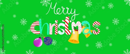 Merry Christmas hand drawn style texture  festive and Holliday  green background and balls and bells   colorful 