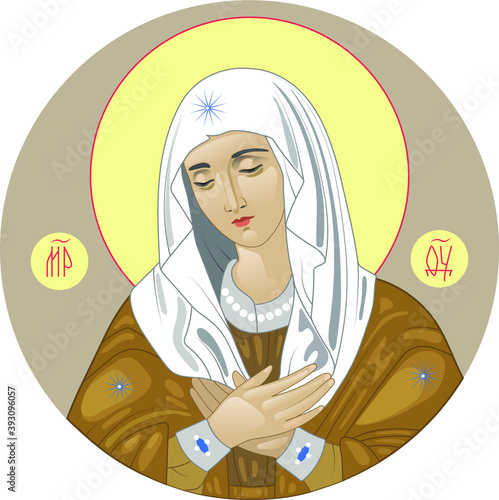 The Virgin of Tenderness. Inscriptions in Early Cyrillic alphabet: "Mother of God", "Jesus Christ". Vector Icon.