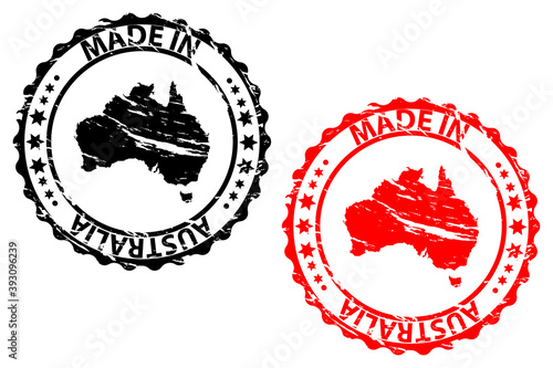 Made in Australia - rubber stamp - vector - Australia continent map pattern - black and red