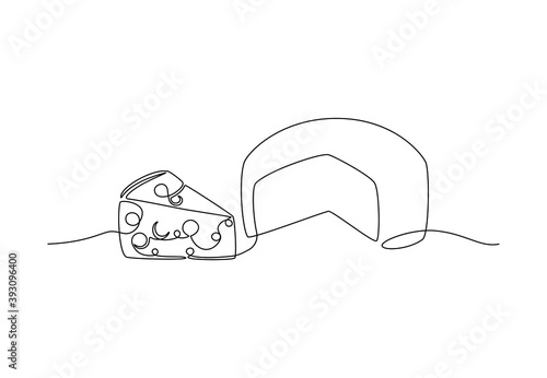 Continuous line drawing of cheese in contemporary style. Hand drawn minimalist linear sketch of wheel of cheese with holes and a piece cut. Vector illustration isolated on white background
