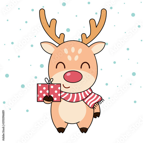 Cute deer in winter headwear with gift box and Snow. Hello Winter, Happy New Year and Merry Christmas concept.