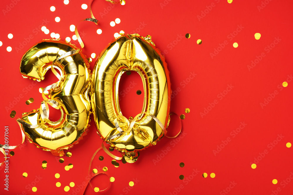 Gold foil balloon number, digit thirty. Birthday greeting card with inscription 30. Anniversary celebration event. Banner. Golden numeral, red background. Numerical digit, bright shiny glitter. Gold foil balloon number, digit thirty. Birthday greeting card with inscription 30. Anniversary celebration event. Banner. Golden numeral, red background. Numerical digit, bright shiny glitter.