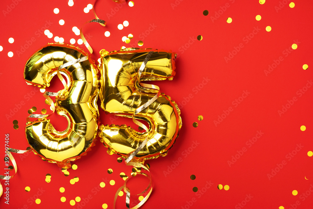 Gold foil balloon number, digit thirty-five. Birthday greeting card ...
