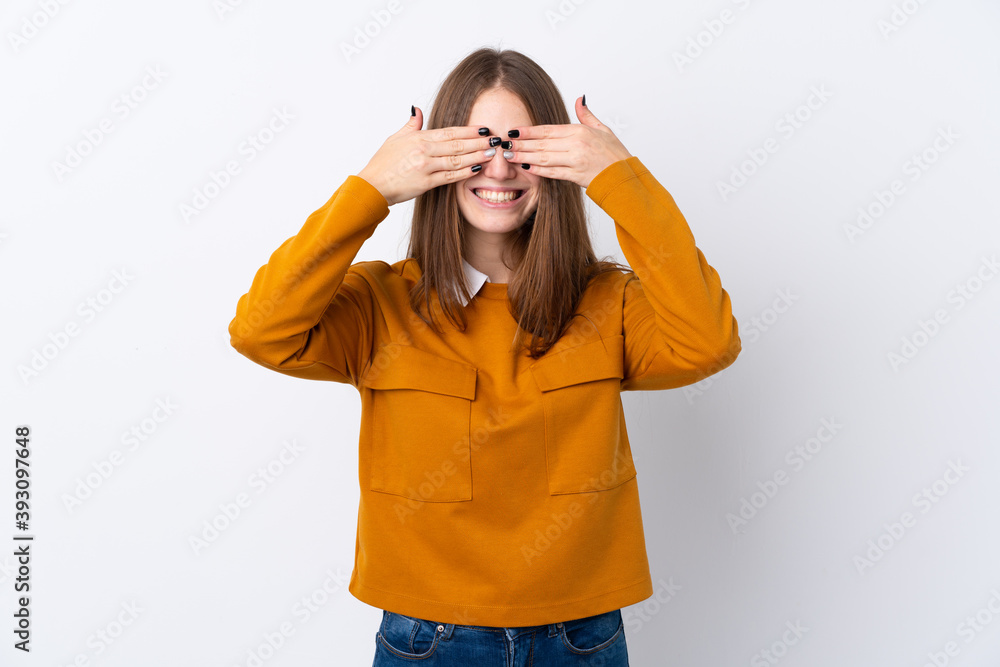 Young woman over isolated white background covering eyes by hands Young woman over isolated white background covering eyes by hands