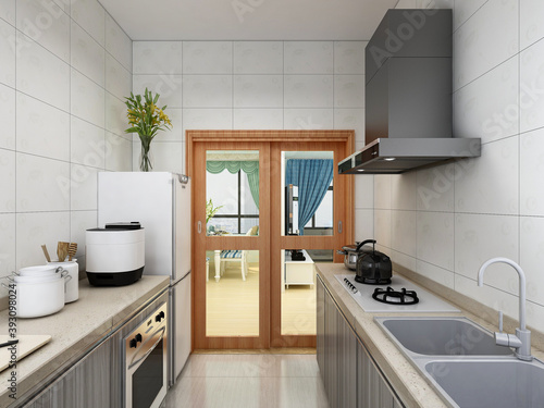 Modern family kitchen design  new cabinets and kitchenware with refrigerators  sunlight from the window.