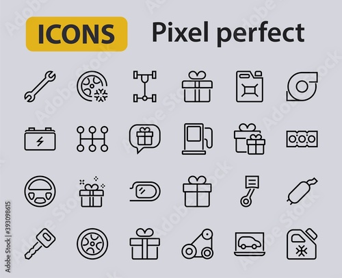 AUTO PARTS Set of Icons related vector line icons. Contains icons such as parts, oil, diagnostics, turbine, steering wheel, key, chassis, gearbox and much more. Editable stroke photo