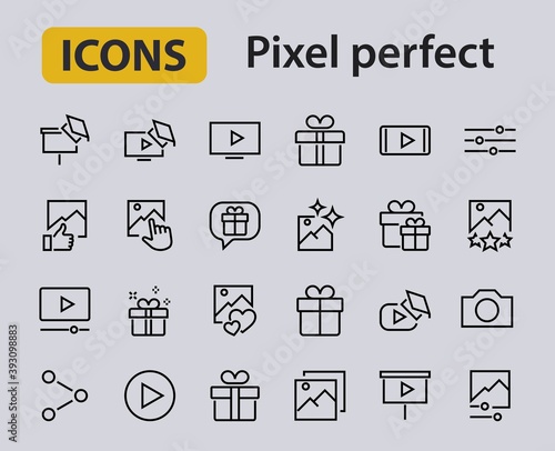 Gallery Set of Images vector line icons. Contains icons such as video, play video, edit images, Business Training, like photo. Editable stroke. Vector illustration
