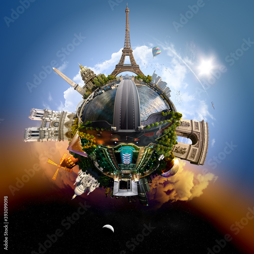 Planet Paris - Miniature planet of Paris, France, with all important buildings and attractions of the city