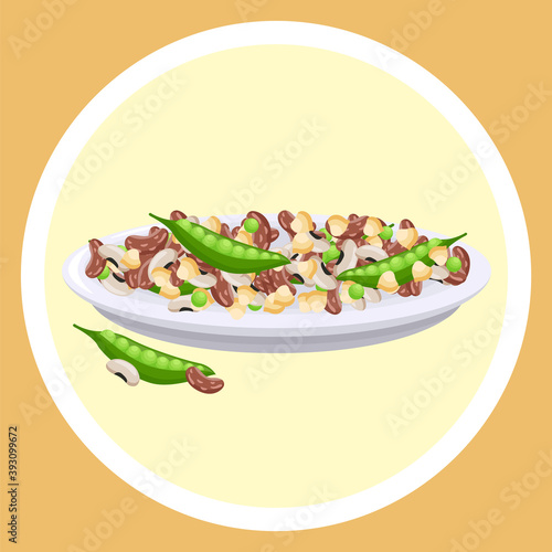 Set of different beans on the plate. Red beans, white beans, green pea and chickpea elements. Vector vegetables beans collection. Legume crops set. Bean cultures collection. Gluten free food elements