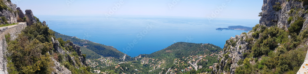 View of Eze village and the French Riviera from the Grande Corniche mountain, South of France