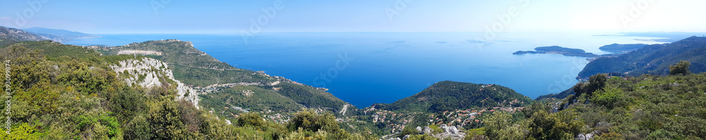 View of Eze village and the French Riviera from the Grande Corniche mountain, South of France