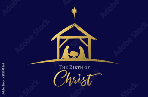 The birth of Christ, Jesus in manger and star. Holy family, baby Jesus & star of Bethlehem, Christmas golden graphics design. Vector nativity illustration Mary and Joseph in silhouette on blue