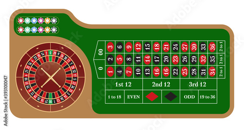 American style roulette wheel and table vector illustration. Casino popular gambling. Poker. Game of fortune.