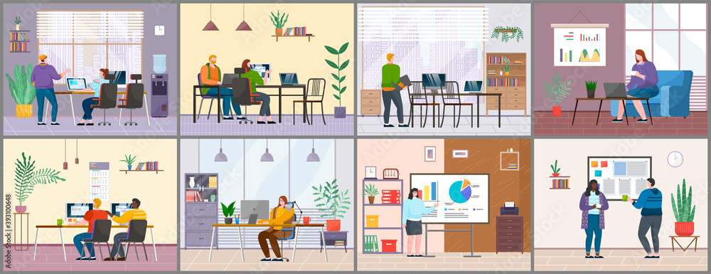 Set of office staff images. Women and men work, communicate. Make presentation, chats on coffee break. Modern interiors, tables, chairs, laptops and monoblocks, analytical data, storing folders