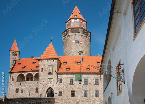 Bouzov Castle, a medieval fortress of Moravia in the Czech Republic in a sunny day. Long exposure through the ND filter