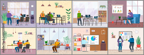 Set of office staff images. Women and men work, communicate. Make presentation, chats on coffee break. Modern interiors, tables, chairs, laptops and monoblocks, analytical data, storing folders