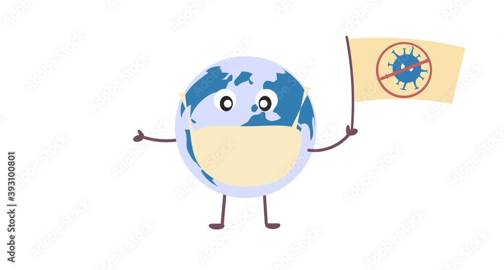 Call to wear medical masks. Planet Earth in medical mask. Protection against COVID-19. Stop the coronavirus. Vector stock illustration. White background. Cartoon and flat characters. Call to wear medical masks. Planet Earth in medical mask. Protection against COVID-19. Stop the coronavirus. Vector stock illustration. White background. Cartoon and flat characters.
