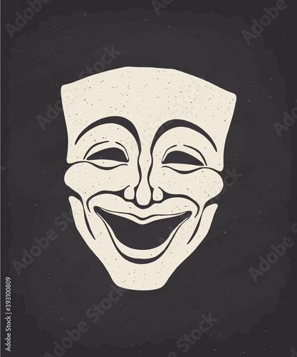 Silhouette of theatrical comedy mask on chalk board. Vector illustration. Vintage opera mask for happy actor. Face expresses positive emotion. Film and theatre industry. Isolated black background