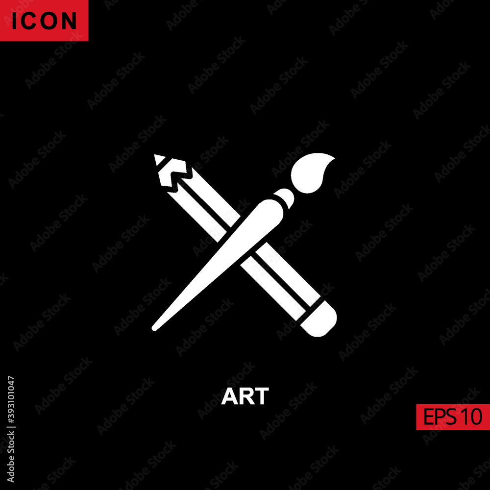Icon art with paint brush and pencil on black background. Illustration filled, glyph or flat icon for graphic, print media interfaces and web design. Icon art with paint brush and pencil on black background. Illustration filled, glyph or flat icon for graphic, print media interfaces and web design.
