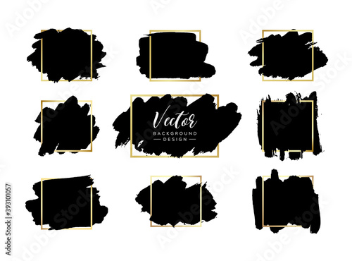 Grunge vector backgrounds set. Hand drawn brush spots with golden frames. Ink brush strokes, black paint spot textured design element, background for text with gold square border. photo