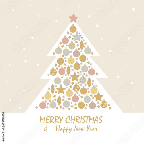 A greeting card, an invitation with a decorated Christmas tree. Celebrating New Year. Colorful balls, stars and cones holiday symbols. Vector illustration