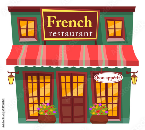 Restaurant that serves traditional french cuisine. Isolated building, facade exterior design. Cafeteria with european food. Bon appetit caption, logotype of cafe on front. Vector illustration in flat