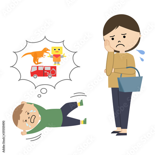おもちゃが欲しくて泣く男の子と困る母親のイラスト