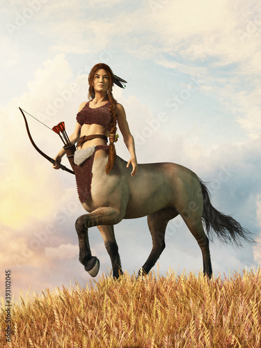 A female centaur, half horse half woman, known as a centauride stands on a grassy hill staring in your direction. With bow in hand she is a depiction of Sagittarius. 3d Rendering photo