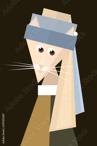 Geometric simple shapes cartoon cat (girl) with pearl earring. Inspired by famous painting of Baroque Period painter  Jan Vermeer. Spoof  vector illustration.