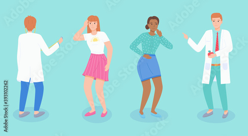 Male doctor with stethoscope communicates with worried or upset patient girl. Nutritionist advises woman to lose weight. Bad medical tests. Disease progression. Medical consultation and diagnostics
