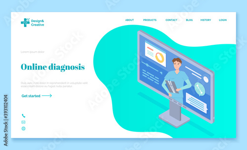 Concept of online diagnostic. Radiologist conducts online video conference. Radiologist holds X-raying scan of a broken bone. Consultation with a radiographer. Human body x-ray examination. Flat image