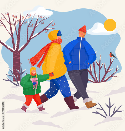 Family is having fun outside in winter. Mom, dad and their child with a toy hare in his arms walk in the winter park and look around. Day walk during the cold season in warm clothes. Snow park