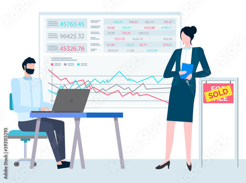 Consultant business realtor, property manager with folder in hands and agent at table, board with data. Vector broker in suit with board for sale and sold
