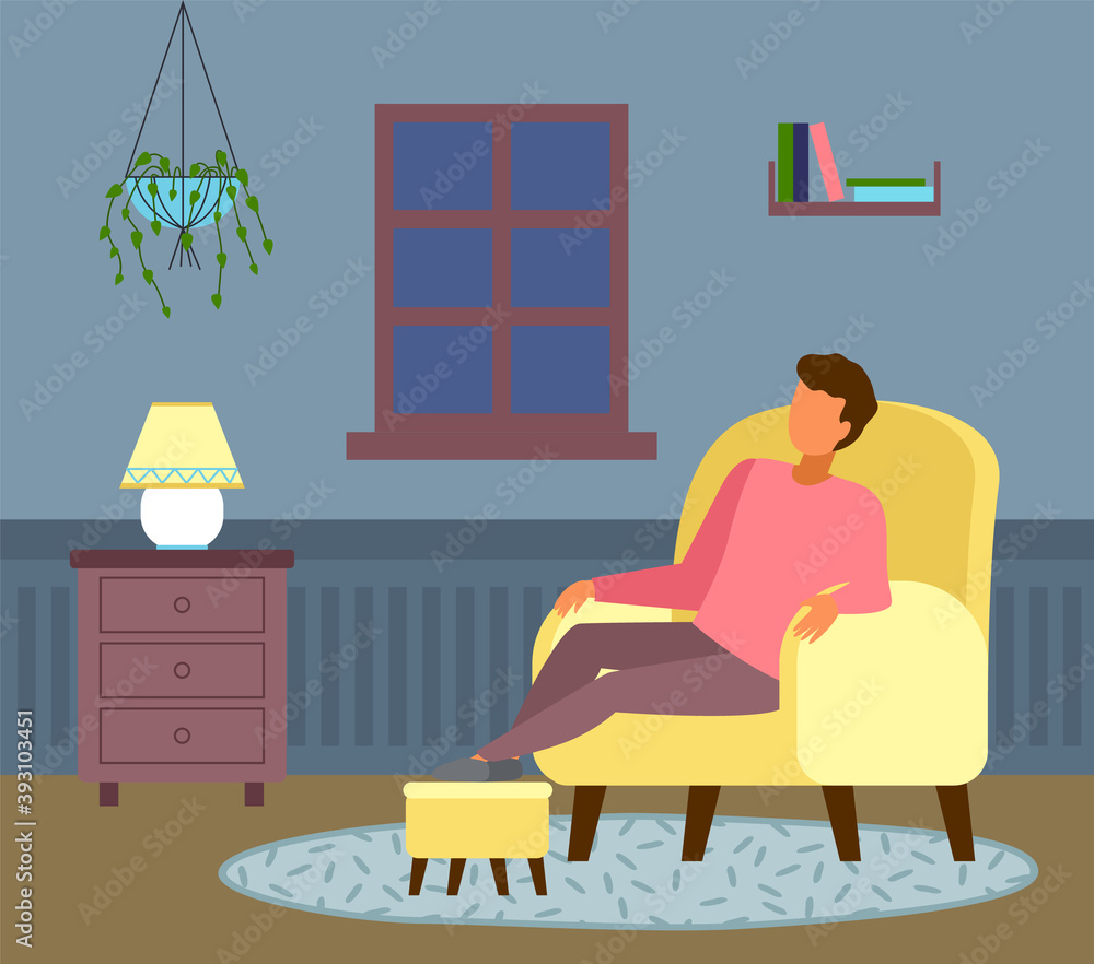 The night outside the window, man dozes off. Relaxing at home. Cozy living room interior, oval fleecy rug, armchair, bedside table with a cute yellow floor lamp, hanging home plant. Flat illustration The night outside the window, man dozes off. Relaxing at home. Cozy living room interior, oval fleecy rug, armchair, bedside table with a cute yellow floor lamp, hanging home plant. Flat illustration