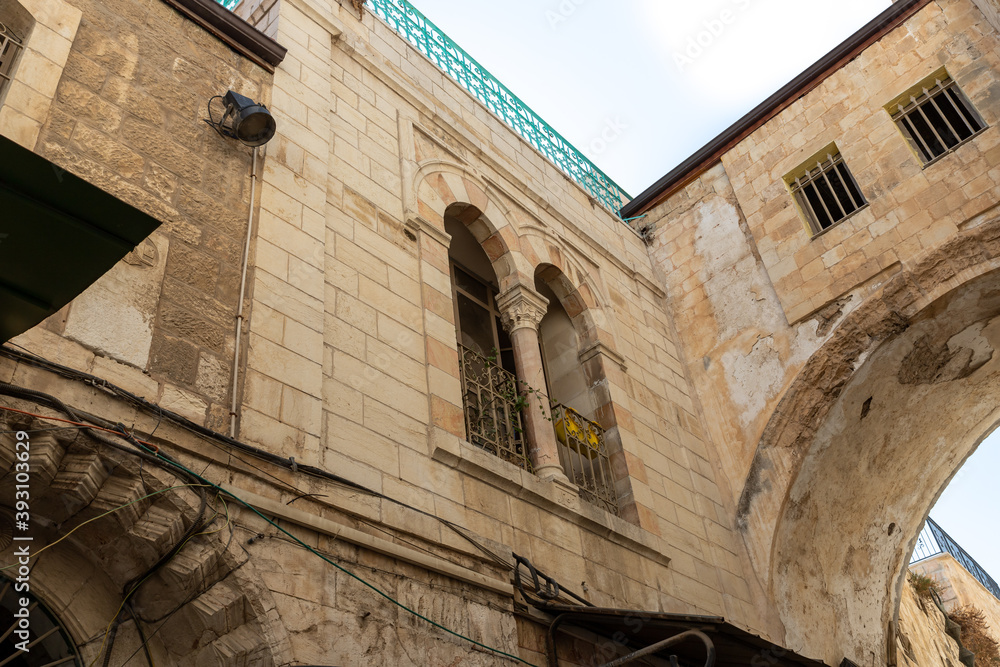 The arched  Via Dolorosa Street in the old city of Jerusalem in Israel