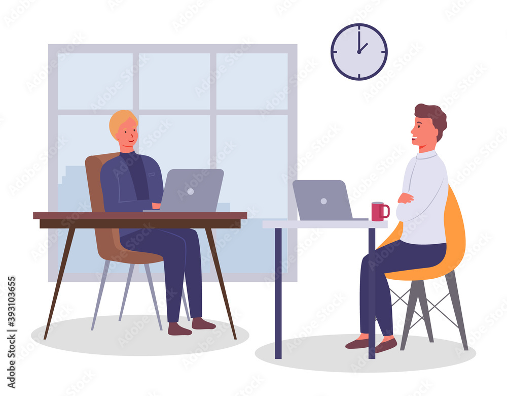 Young men working at laptops, chatting, coffee break, teamwork. Office interior, devices, tables, chairs. Colleagues work and communicate together. Flat vector illustration isolated on white Young men working at laptops, chatting, coffee break, teamwork. Office interior, devices, tables, chairs. Colleagues work and communicate together. Flat vector illustration isolated on white