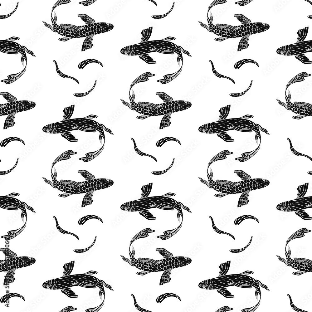 Engraved fish seamless pattern. Black and white Vector illustration ...