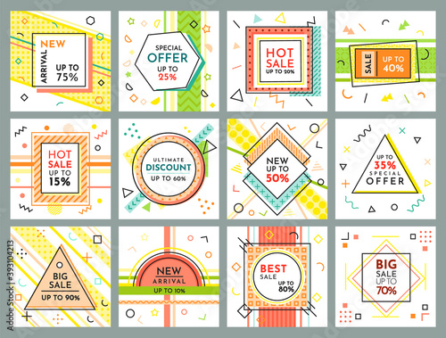 Trendy abstract geometric bubble hot sale. New arrival, big sale and special offer. Black friday up to. Big discount. Vivid banner retro poster design style. Vintage colors and shapes in memphis style