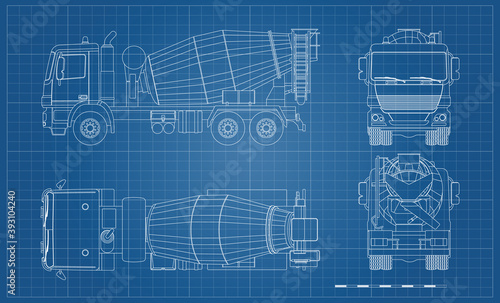Outline concrete mixer truck. Side, top, front and back views. Lorry blueprint. Industrial drawing. Construction vehicle for build