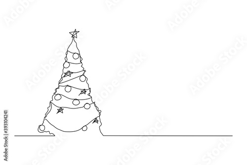 Continuous line drawing of snowman christmas tree with decoration. One line art concept of winter christmas and new year. Vector illustration