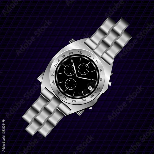 Mechanical wrist watch on a blue checkered background. Vector illustration.