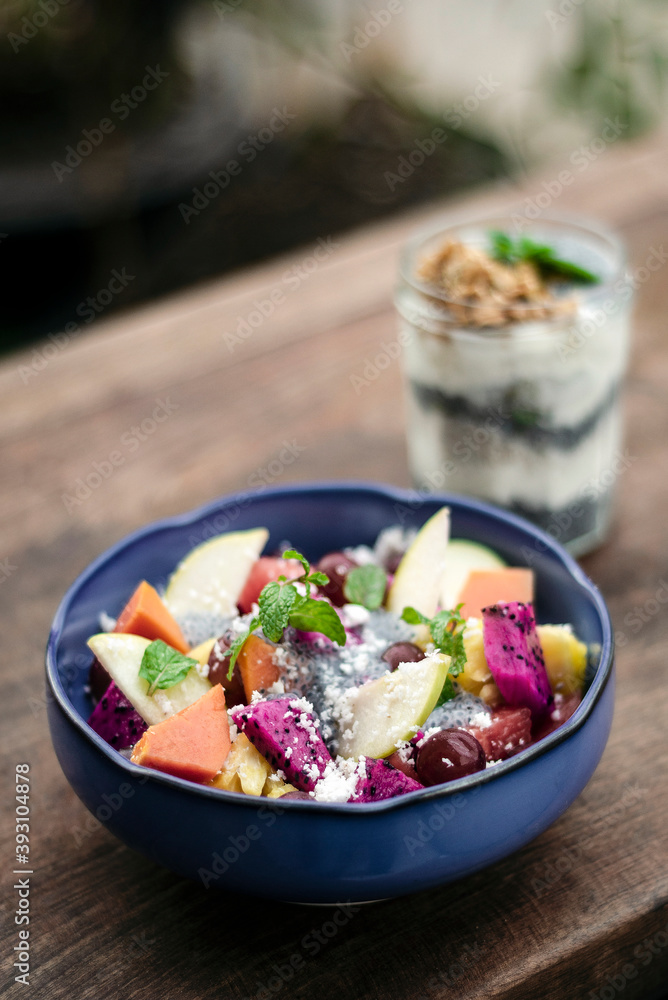 exotic mixed tropical asian fruit salad in bowl outdoors exotic mixed tropical asian fruit salad in bowl outdoors