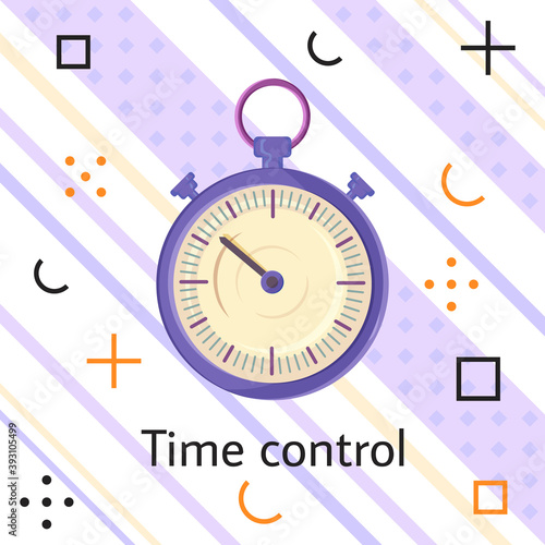 Time control banner with watch. Alarm clock fast speed quick time vector icon flat business illustration. Simple classic lilac round clock on white striped background with colorful geometric elements