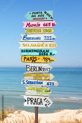Colorful directions signs on the beach to different cities and countries of the world including Madrid, Paris, Berlin, Praga. Travel concept. photo